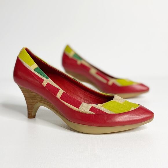 GLORY CHEN Retro Taylor Leather Heels Red Yellow Color Block Funky Women's 6.5 - Picture 1 of 9